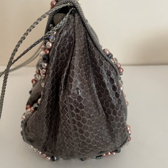 Grace Ann Agostino Embellished Evening Shoulder Bag Gray Leather Patchwork Beads - Picture 9 of 16